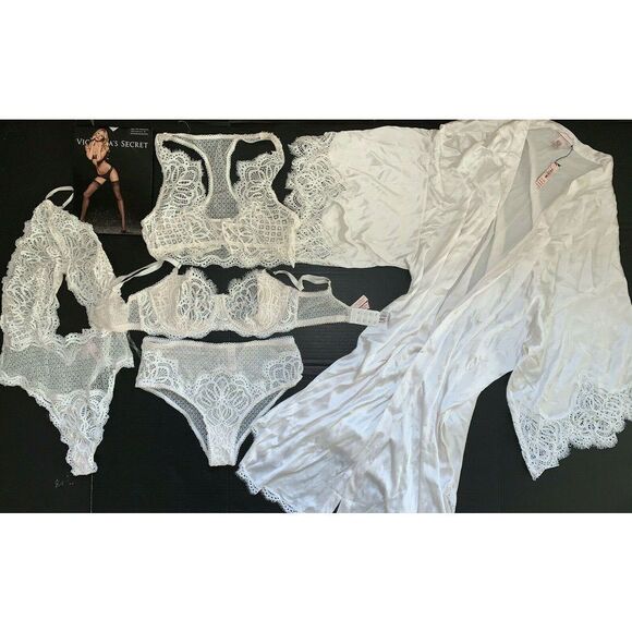 Victoria's Secret unlined 34D BRA SET+M BRALETTE+TEDDY+KIMONO White coconut lace